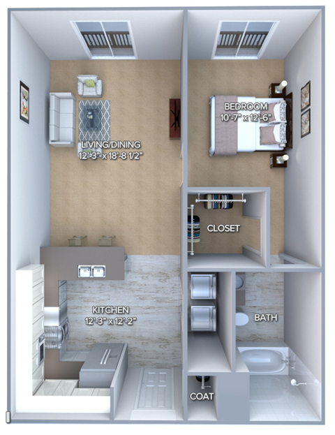 Floor plan for 1 bed, 1 bath, 713 sqft